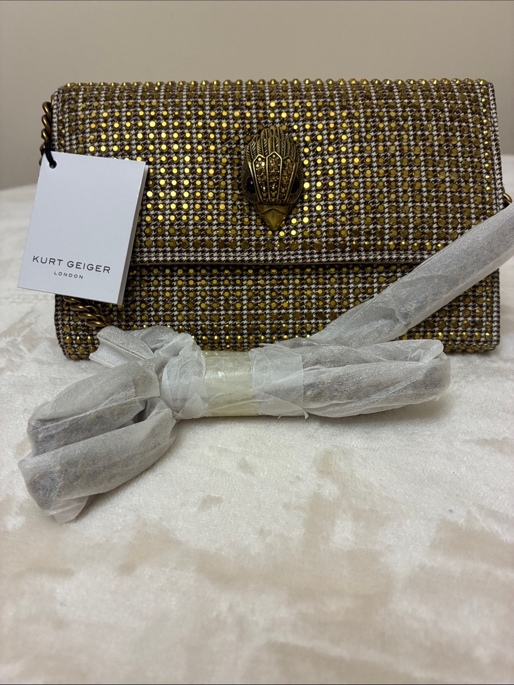 Kurt Geiger Gold Crystal-Studded Mini Kensington Crossbody & Dustbag